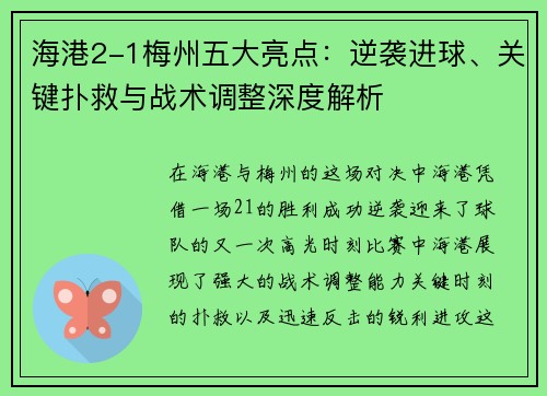 海港2-1梅州五大亮点：逆袭进球、关键扑救与战术调整深度解析